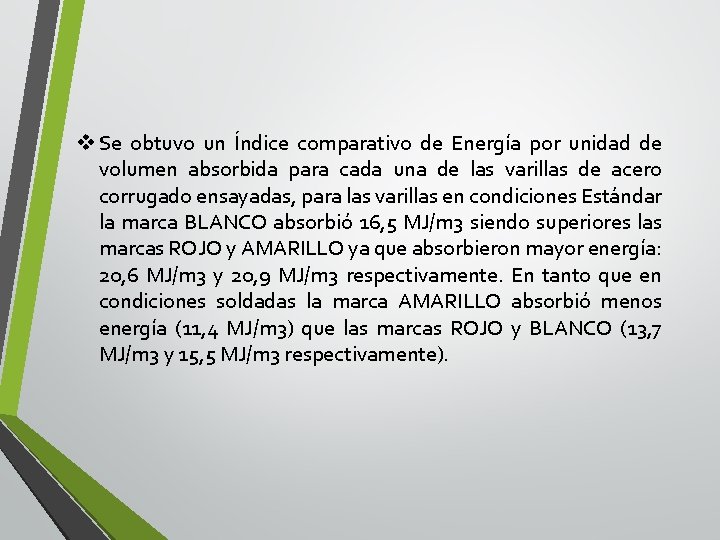 v Se obtuvo un Índice comparativo de Energía por unidad de volumen absorbida para