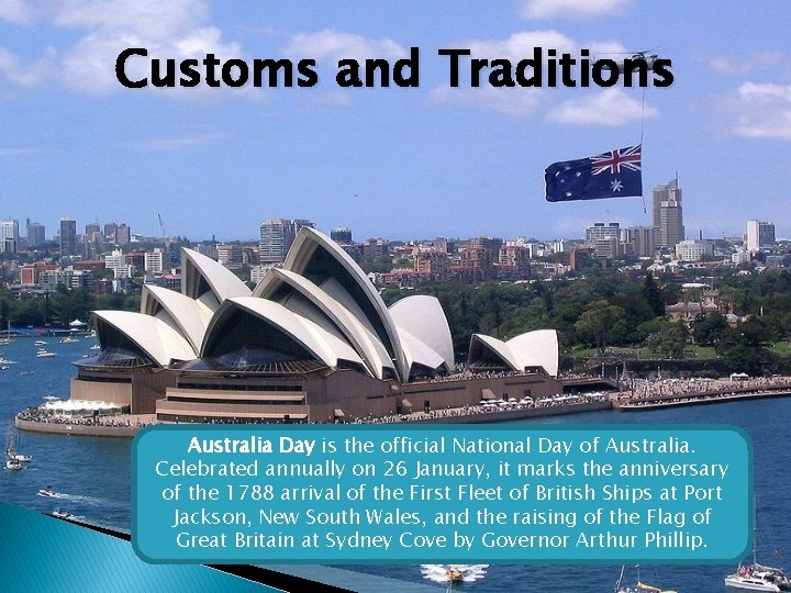 Customs and Traditions Australia Day is the official National Day of Australia. Celebrated annually
