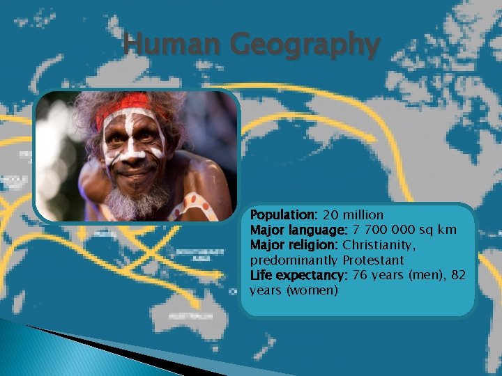 Human Geography Population: 20 million Major language: 7 700 000 sq km Major religion: