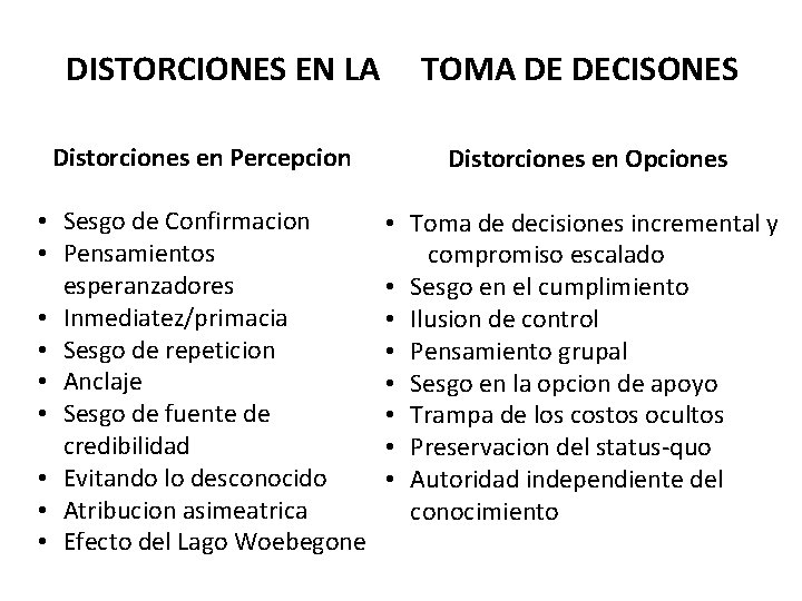 DISTORCIONES EN LA TOMA DE DECISONES Distorciones en Percepcion Distorciones en Opciones • Sesgo