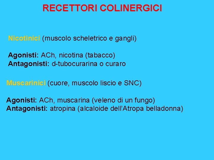 RECETTORI COLINERGICI Nicotinici (muscolo scheletrico e gangli) Agonisti: ACh, nicotina (tabacco) Antagonisti: d-tubocurarina o