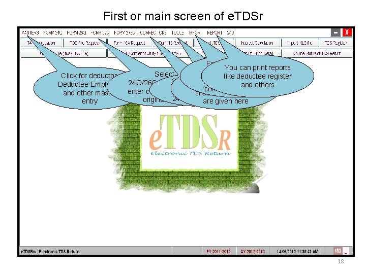 First or main screen of e. TDSr From here you can You can print