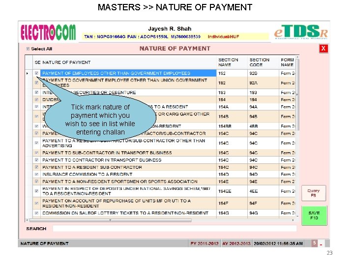 MASTERS >> NATURE OF PAYMENT Tick mark nature of payment which you wish to