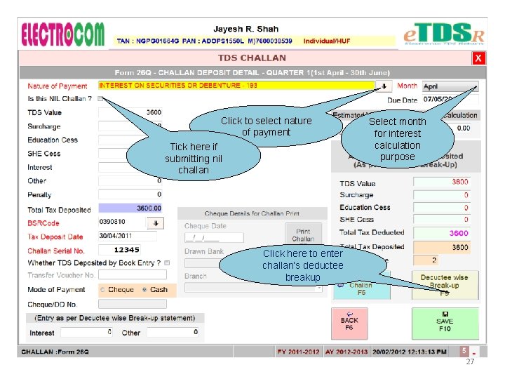 Click to select nature of payment Tick here if submitting nil challan Select month