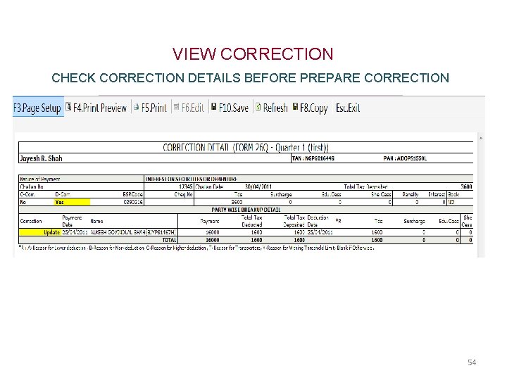 VIEW CORRECTION CHECK CORRECTION DETAILS BEFORE PREPARE CORRECTION 54 