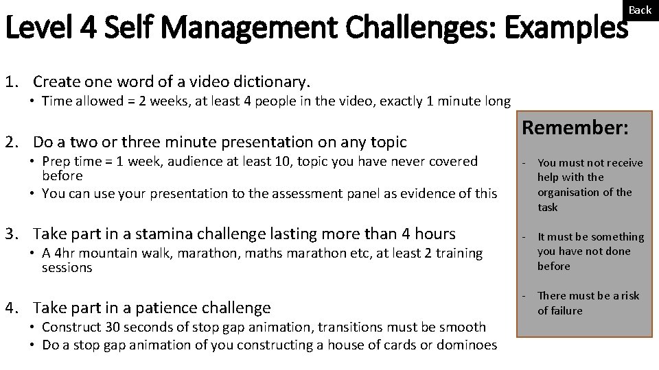 Back Level 4 Self Management Challenges: Examples 1. Create one word of a video