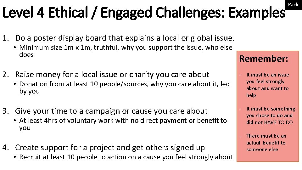 Level 4 Ethical / Engaged Challenges: Examples Back 1. Do a poster display board