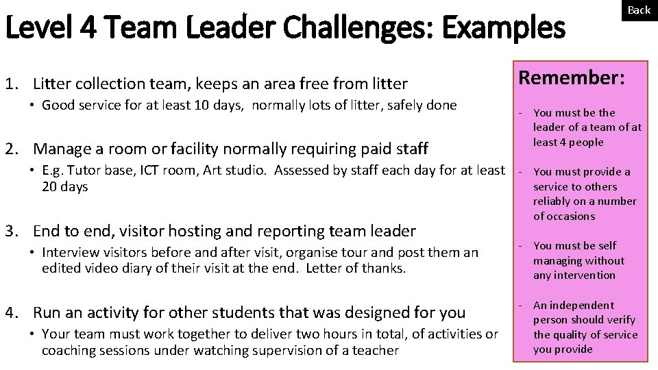 Level 4 Team Leader Challenges: Examples 1. Litter collection team, keeps an area free