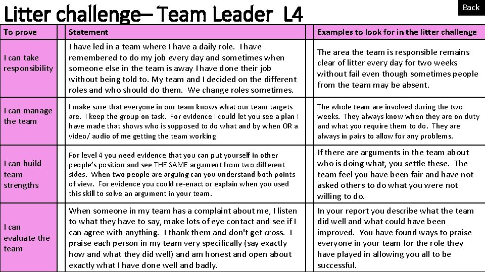 Litter challenge– Team Leader L 4 To prove Back Statement Examples to look for