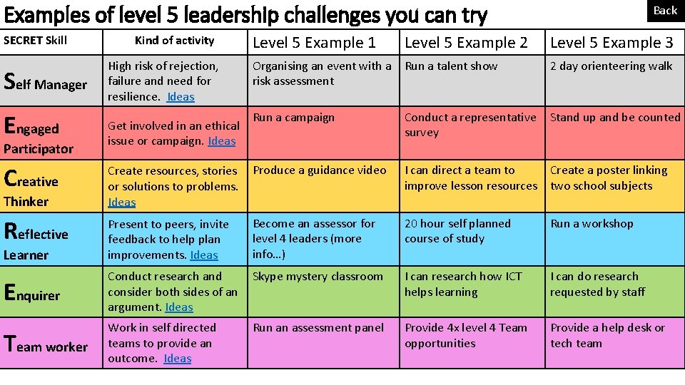 Examples of level 5 leadership challenges you can try Back Level 5 Example 1