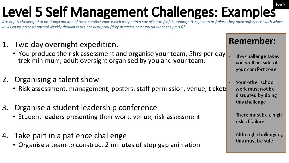 Back Level 5 Self Management Challenges: Examples Are pupils challenged to do things outside