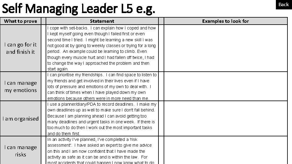 Self Managing Leader L 5 e. g. What to prove I can go for