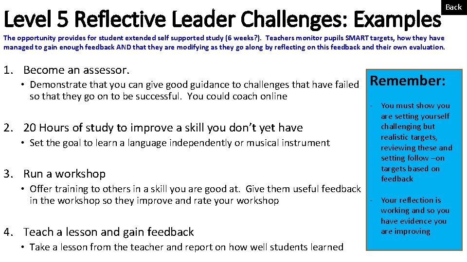 Level 5 Reflective Leader Challenges: Examples Back The opportunity provides for student extended self