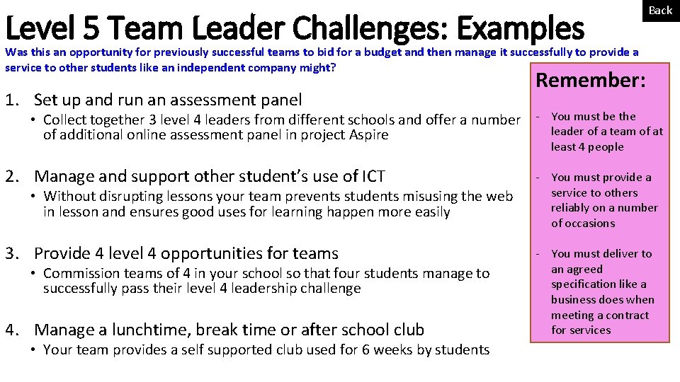 Level 5 Team Leader Challenges: Examples Back Was this an opportunity for previously successful