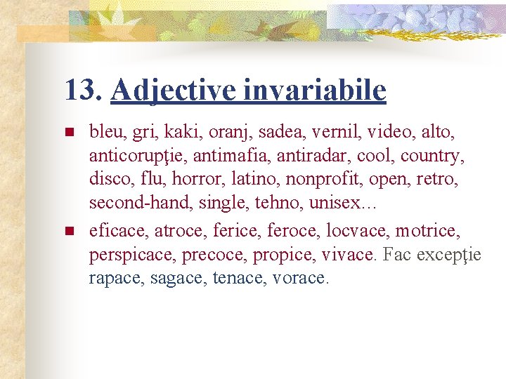13. Adjective invariabile n n bleu, gri, kaki, oranj, sadea, vernil, video, alto, anticorupţie,