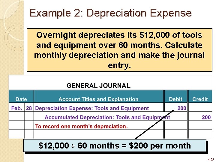 Example 2: Depreciation Expense Overnight depreciates its $12, 000 of tools and equipment over Example 2: Depreciation Expense Overnight depreciates its $12, 000 of tools and equipment over