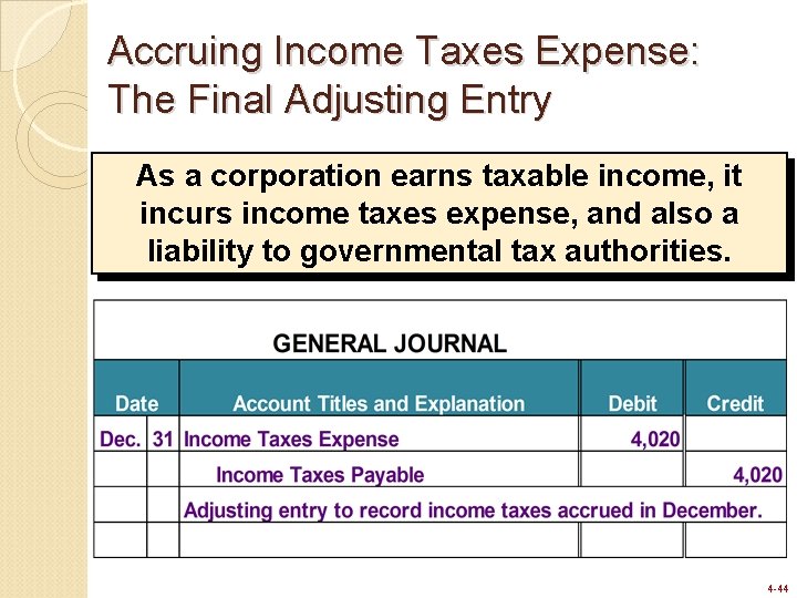 Accruing Income Taxes Expense: The Final Adjusting Entry As a corporation earns taxable income, Accruing Income Taxes Expense: The Final Adjusting Entry As a corporation earns taxable income,
