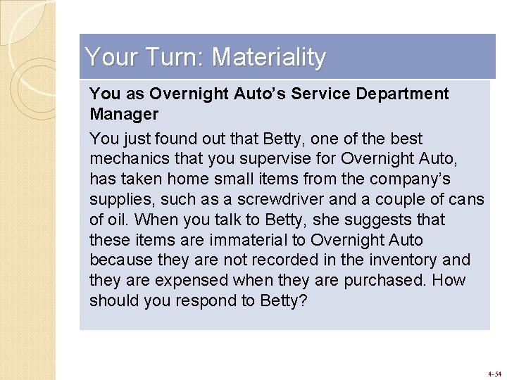Your Turn: Materiality You as Overnight Auto’s Service Department Manager You just found out Your Turn: Materiality You as Overnight Auto’s Service Department Manager You just found out