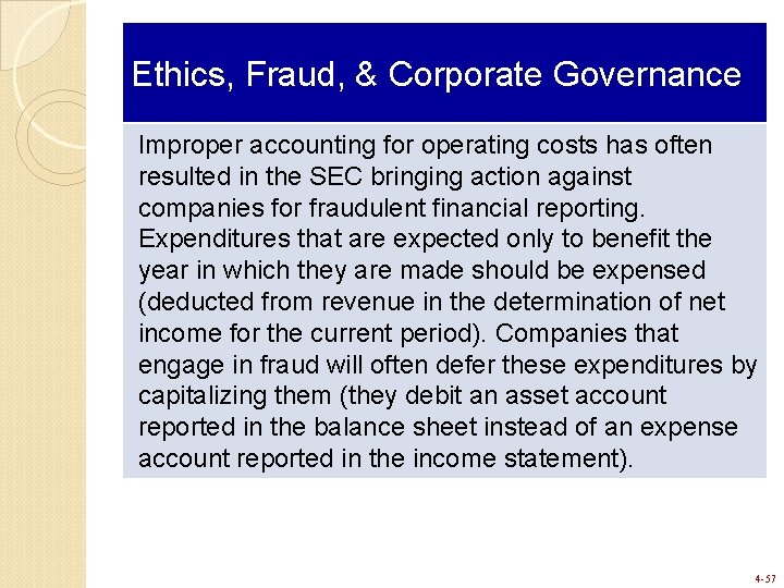 Ethics, Fraud, & Corporate Governance Improper accounting for operating costs has often resulted in Ethics, Fraud, & Corporate Governance Improper accounting for operating costs has often resulted in