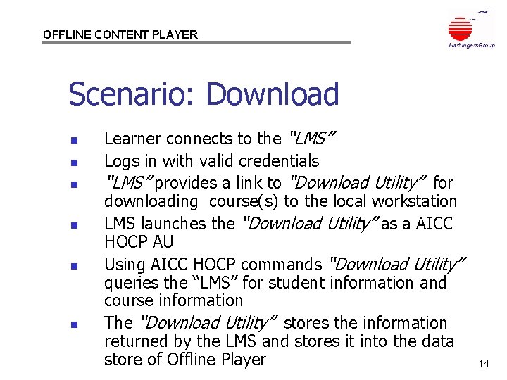 OFFLINE CONTENT PLAYER Scenario: Download n n n Learner connects to the “LMS” Logs