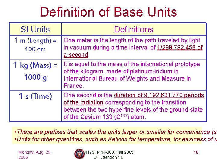 Definition of Base Units SI Units Definitions 1 m (Length) = One meter is