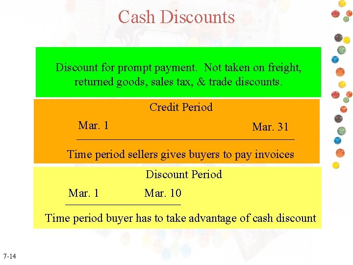 Cash Discounts Discount for prompt payment. Not taken on freight, returned goods, sales tax,