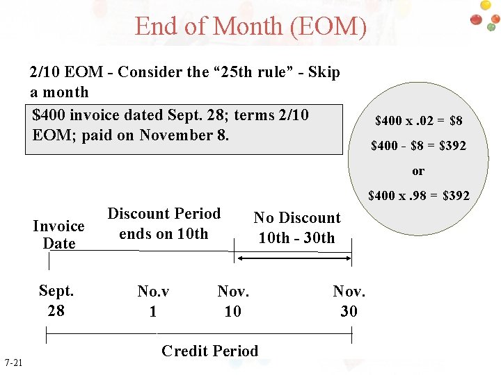 End of Month (EOM) 2/10 EOM - Consider the “ 25 th rule” -