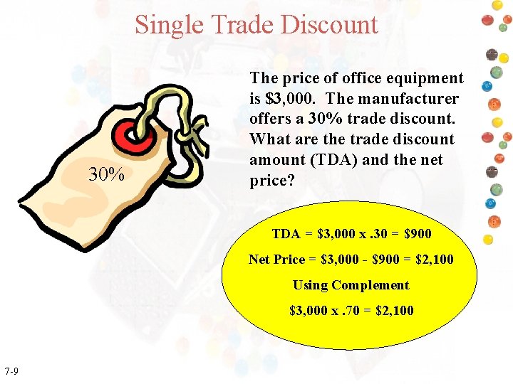 Single Trade Discount 30% The price of office equipment is $3, 000. The manufacturer