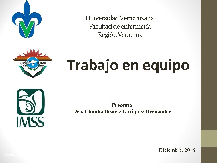 Universidad Veracruzana Facultad de enfermería Región Veracruz Trabajo en equipo Presenta Dra. Claudia Beatriz