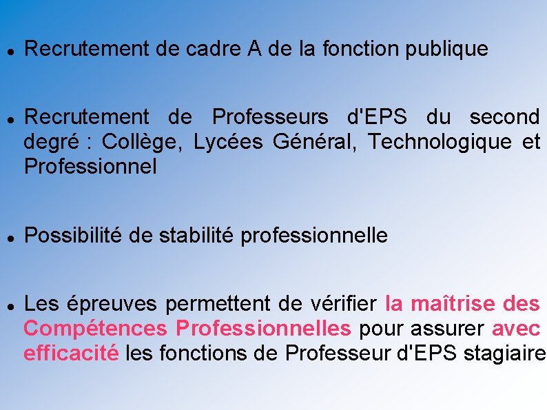  Recrutement de cadre A de la fonction publique Recrutement de Professeurs d'EPS du