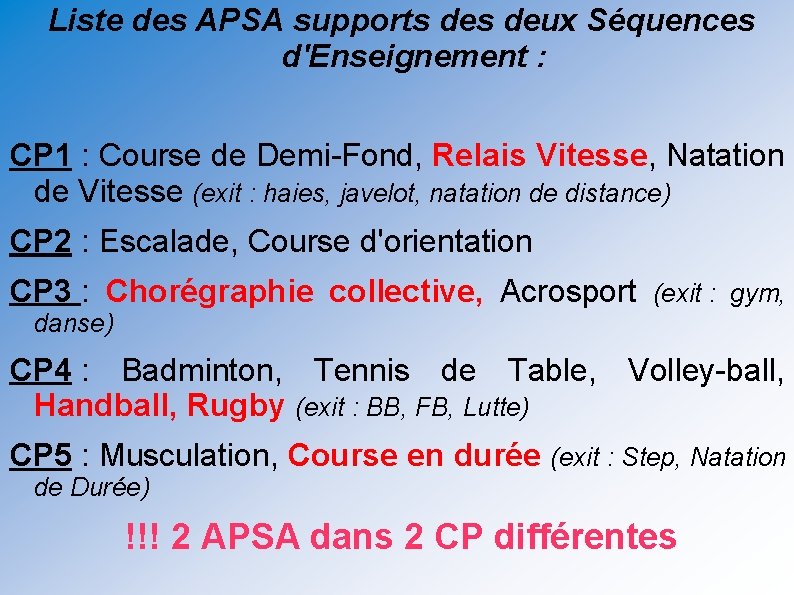 Liste des APSA supports deux Séquences d'Enseignement : CP 1 : Course de Demi-Fond,
