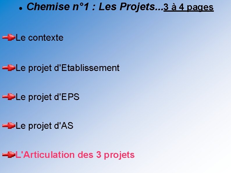  Chemise n° 1 : Les Projets. . . 3 à 4 pages Le