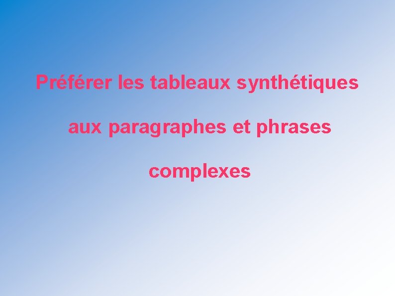 Préférer les tableaux synthétiques aux paragraphes et phrases complexes 