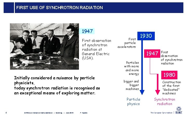 FIRST USE OF SYNCHROTRON RADIATION 1947 First observation of synchrotron radiation at General Electric