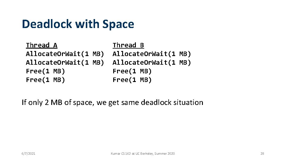 Deadlock with Space Thread A Allocate. Or. Wait(1 MB) Free(1 MB) Thread B Allocate.