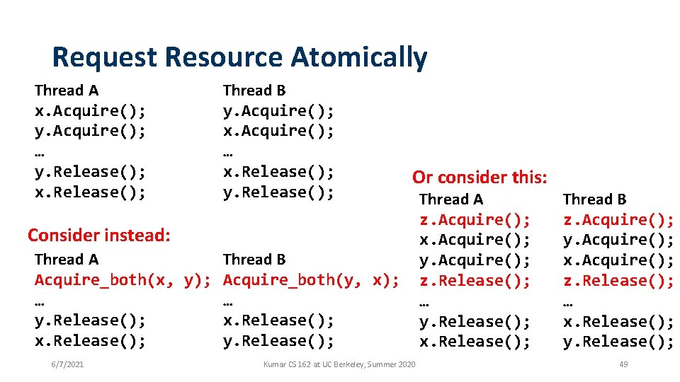 Request Resource Atomically Thread A x. Acquire(); y. Acquire(); … y. Release(); x. Release();