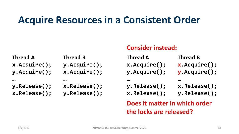 Acquire Resources in a Consistent Order Consider instead: Thread A x. Acquire(); y. Acquire();