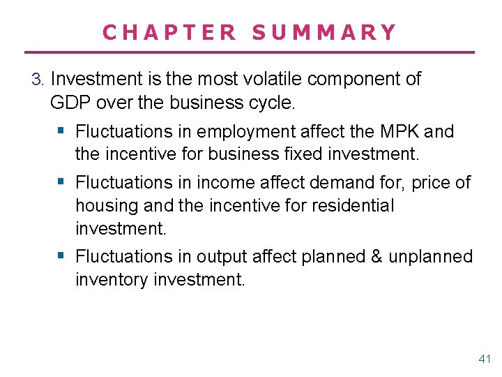 CHAPTER SUMMARY 3. Investment is the most volatile component of GDP over the business