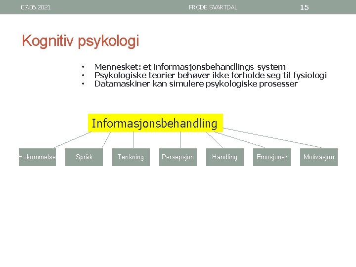 07. 06. 2021 15 FRODE SVARTDAL Kognitiv psykologi Mennesket: et informasjonsbehandlings-system Psykologiske teorier behøver