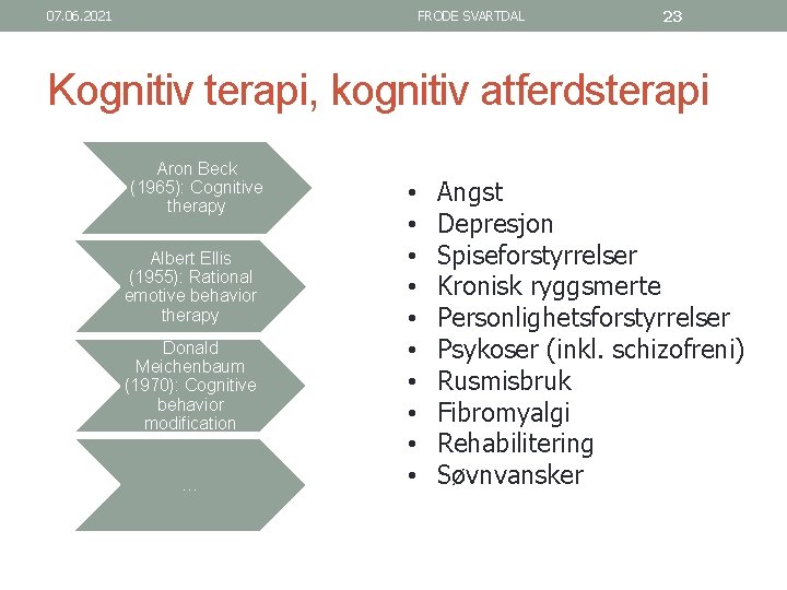 07. 06. 2021 FRODE SVARTDAL 23 Kognitiv terapi, kognitiv atferdsterapi Aron Beck (1965): Cognitive