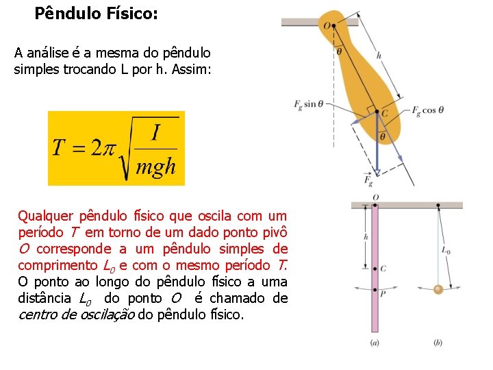 Pêndulo Físico: A análise é a mesma do pêndulo simples trocando L por h.