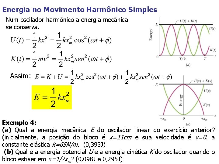 Energia no Movimento Harmônico Simples Num oscilador harmônico a energia mecânica se conserva. Assim: