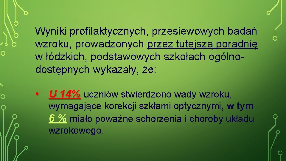 Wyniki profilaktycznych, przesiewowych badań wzroku, prowadzonych przez tutejszą poradnię w łódzkich, podstawowych szkołach ogólnodostępnych