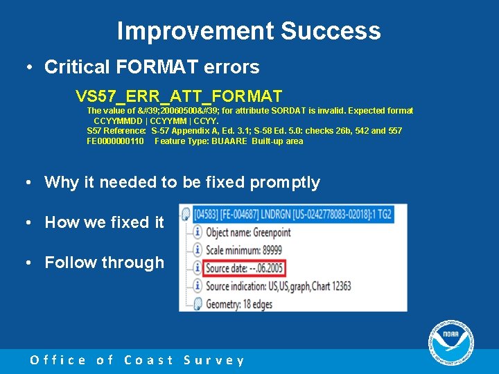 Improvement Success • Critical FORMAT errors VS 57_ERR_ATT_FORMAT The value of ' 20060500' for