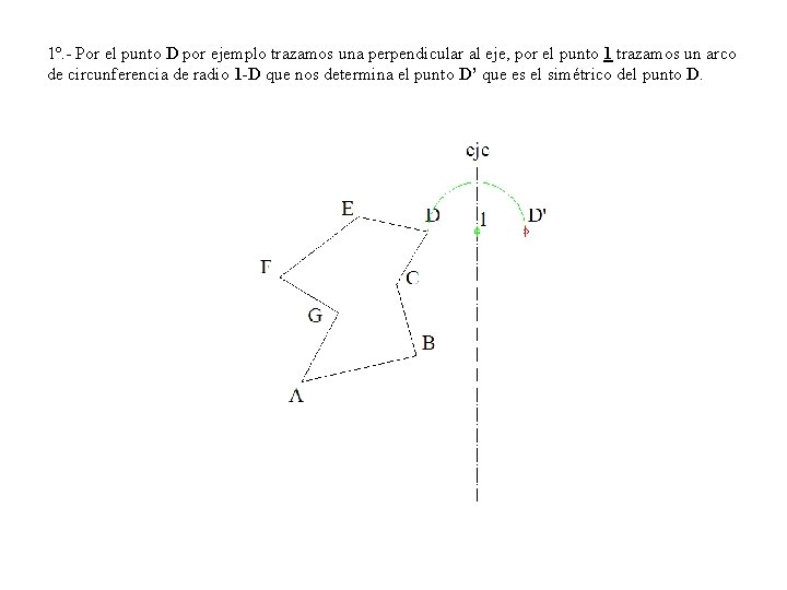 1º. - Por el punto D por ejemplo trazamos una perpendicular al eje, por