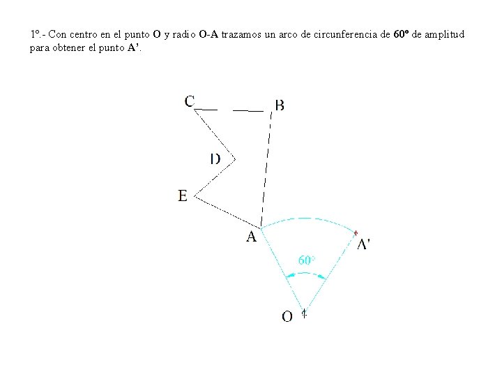 1º. - Con centro en el punto O y radio O-A trazamos un arco