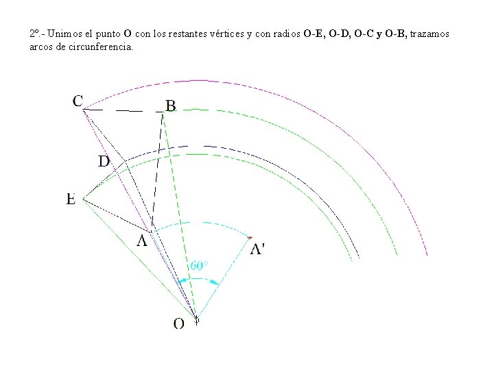 2º. - Unimos el punto O con los restantes vértices y con radios O-E,