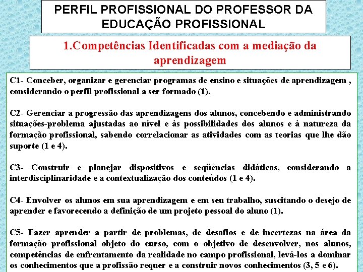 PERFIL PROFISSIONAL DO PROFESSOR DA EDUCAÇÃO PROFISSIONAL 1. Competências Identificadas com a mediação da