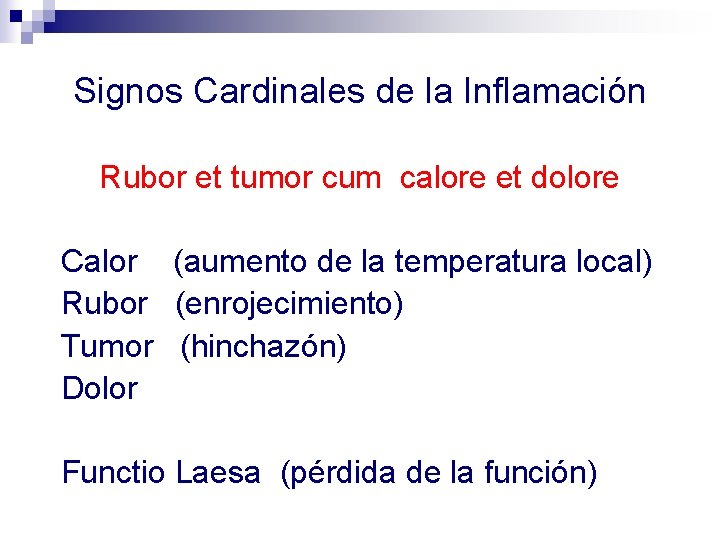 Signos Cardinales de la Inflamación Rubor et tumor cum calore et dolore Calor (aumento