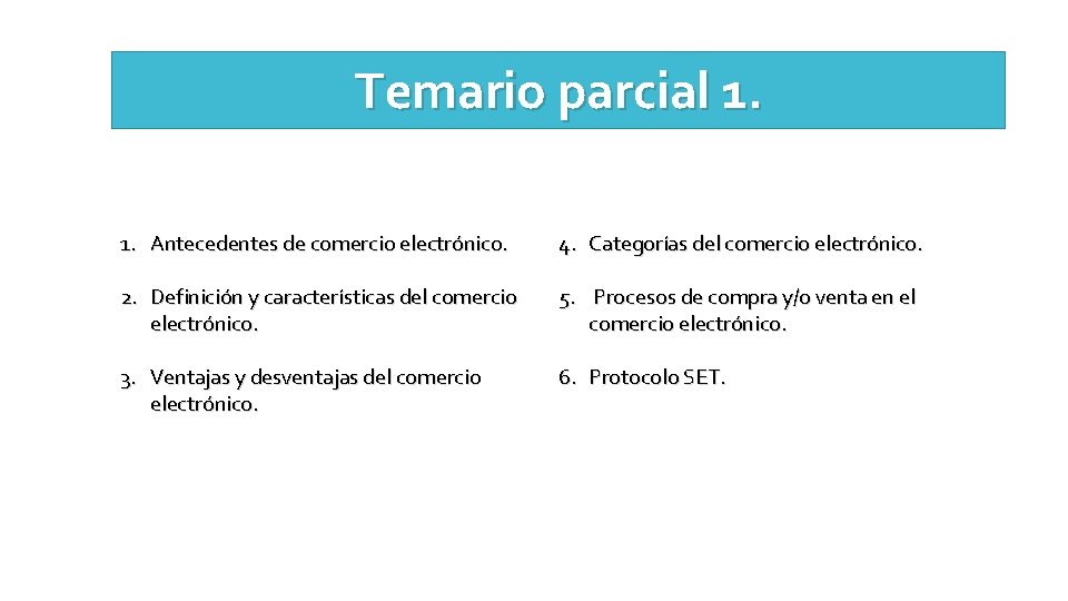 Temario parcial 1. 1. Antecedentes de comercio electrónico. 4. Categorías del comercio electrónico. 2.